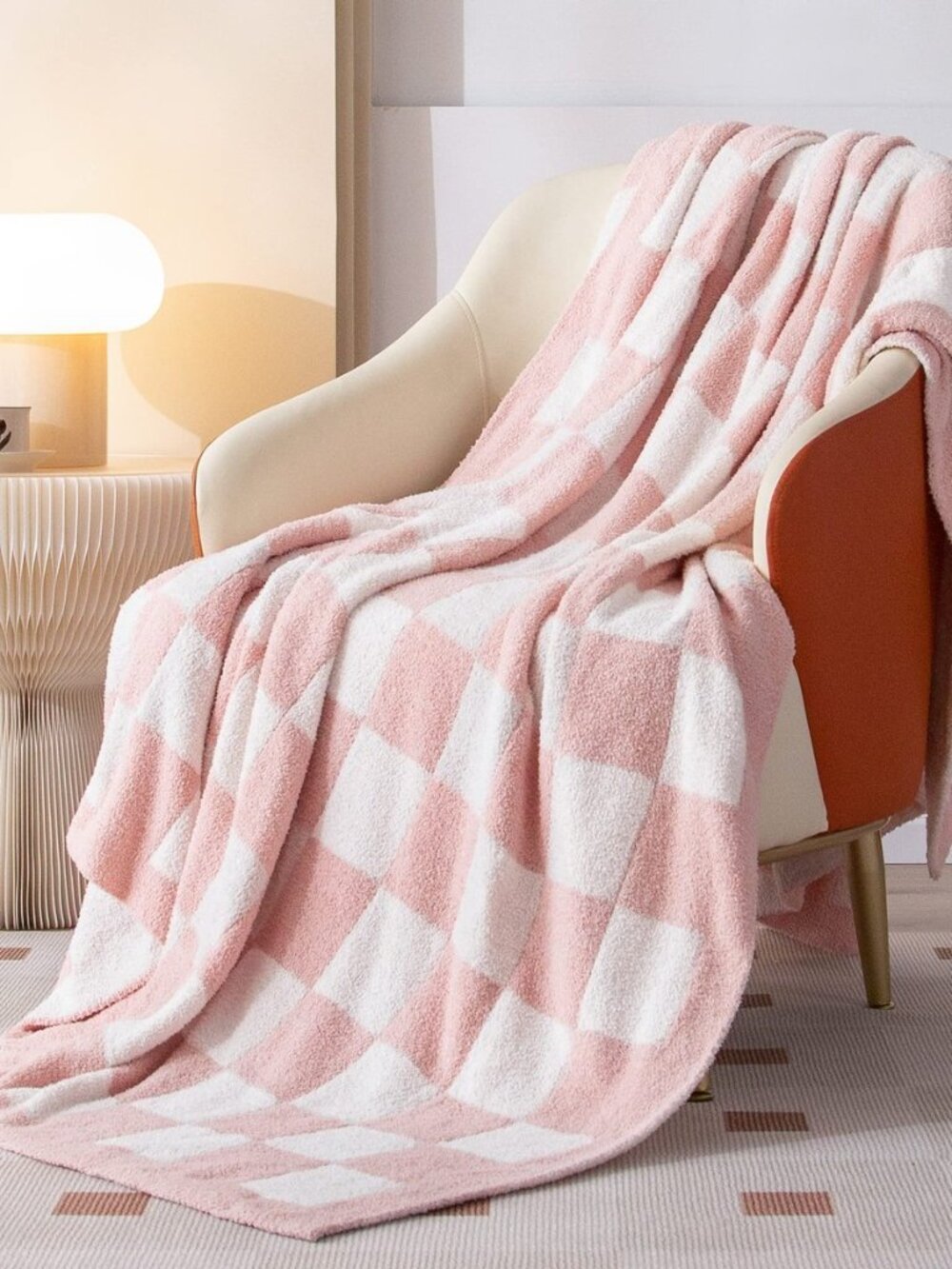 Fuzzy Checkered Throw Blanket for Couch,Light Pink 51"X63"